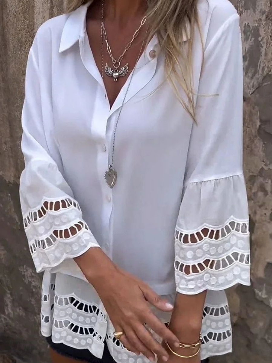 Dames Overhemd Effen Kleur Stijlvol Casual Lange mouw Overhemdkraag Normale tops Dagelijks Kant Lapwerk Knop Wit Zomer 2025 - $23.99 –P1