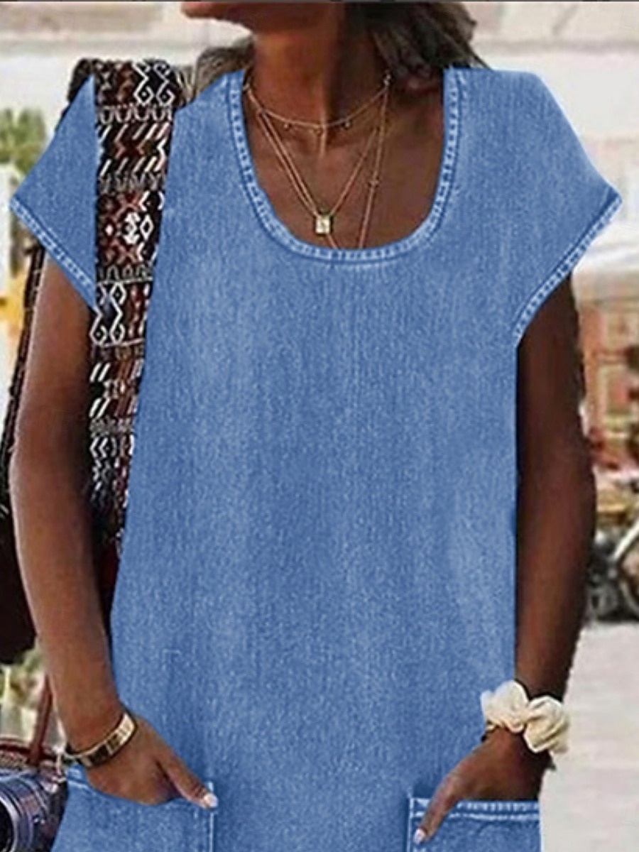 Femmes Mini Robe Robe Décontractée Robe en coton et lin Robe d'été Basique Moderne Quotidien Week-end Coupe régulière Uni Manche Courte Col en U Bleu Roi Été de 2025 ? $22.99 –P2
