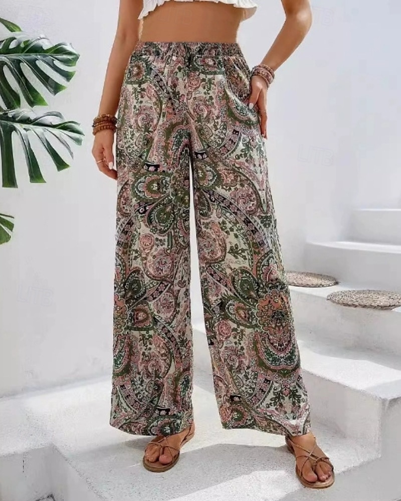 Dame Bukser Mote Bohem Full lengde Naturlig Blomsternål i krystall Elastisk midje Printer comfy Utendørs Bekvem Feriereise Ut på byen Magentafarget Aprikos Marine Blå Sommer Normal 2025 - $16.99 –P3