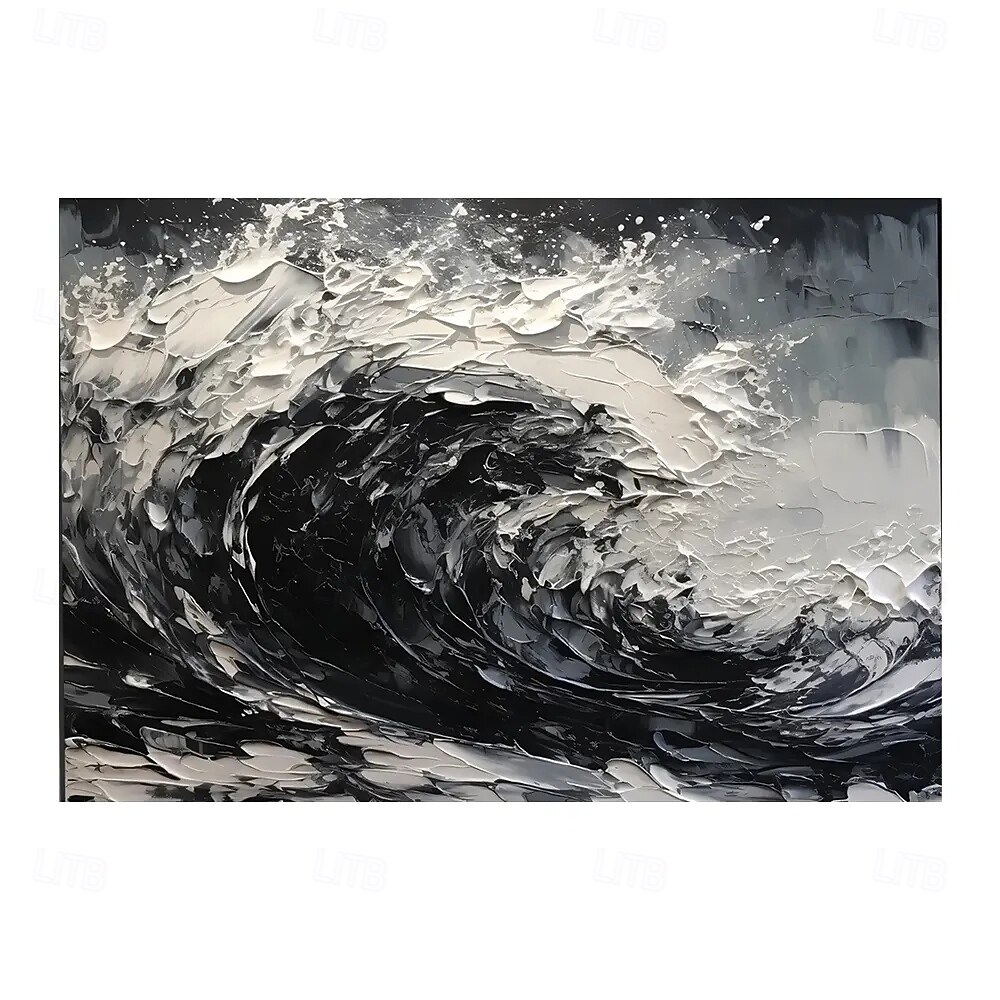 Peinture à l'huile faite à la main sur toile, décoration murale, couteau à palette 3D, paysage abstrait de vagues océaniques en noir et blanc pour la décoration intérieure, cadre tendu, peinture de 2025 ? $54.99 –P1