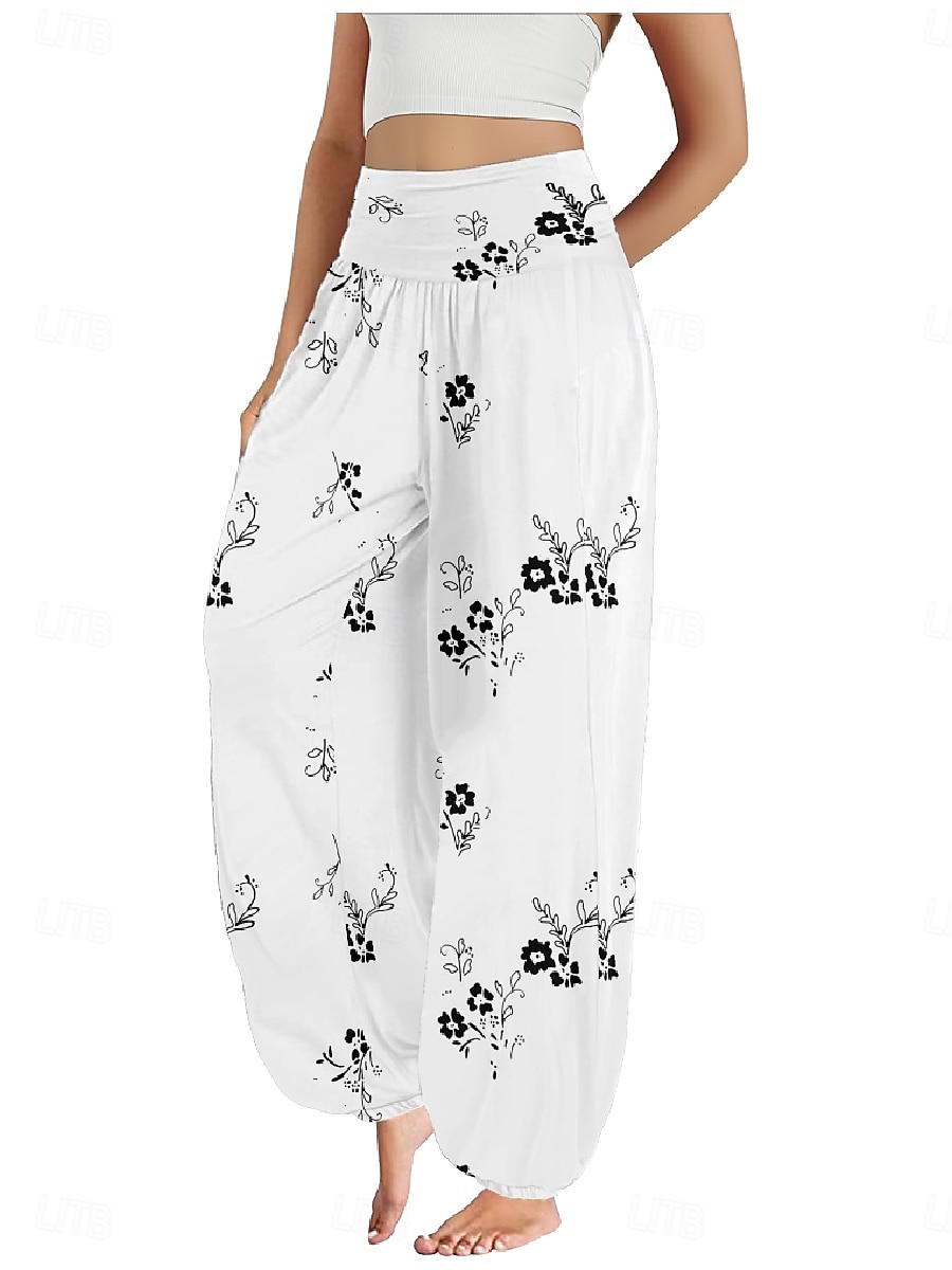 Dame Lin-inspirerte bukser Bred Bukseben Bukser Etnisk stil Fritid Bohem Full lengde Høy Midje Blomstret Blad Tropisk Lomme Elastisk midje Printer Pusteevne Myk Mikroelastisk utendørs Yoga- og 2025 - $21.99 –P12