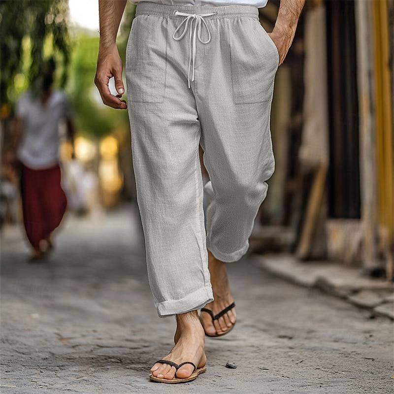 Men's Linen Pants Trousers Summer Pants Beach Pants Pocket Drawstring Elastic Waist Plain Comfort Breathable Vacation Daily Holiday Hawaiian Boho Dark Brown Lake blue 2025 - $18.99 –P3