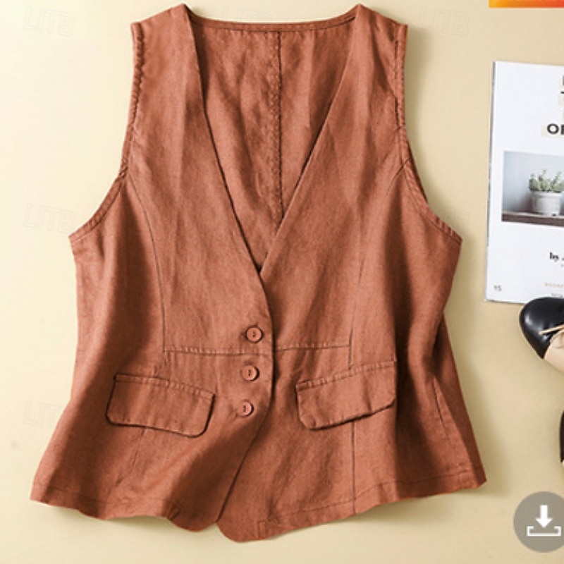 Γυναικεία Λινό από ψεύτικο βαμβάκι Τσέπη Κουμπιά Σκέτο Βασικό Καθημερινό Αμάνικο Λαιμόκοψη V Κανονικά μπλουζάκια Αργίες Εξόδου Μαύρο Πορτοκαλί Πράσινο του τριφυλλιού Χακί Μπεζ Καλοκαίρι 2026 - $22.99 –P9