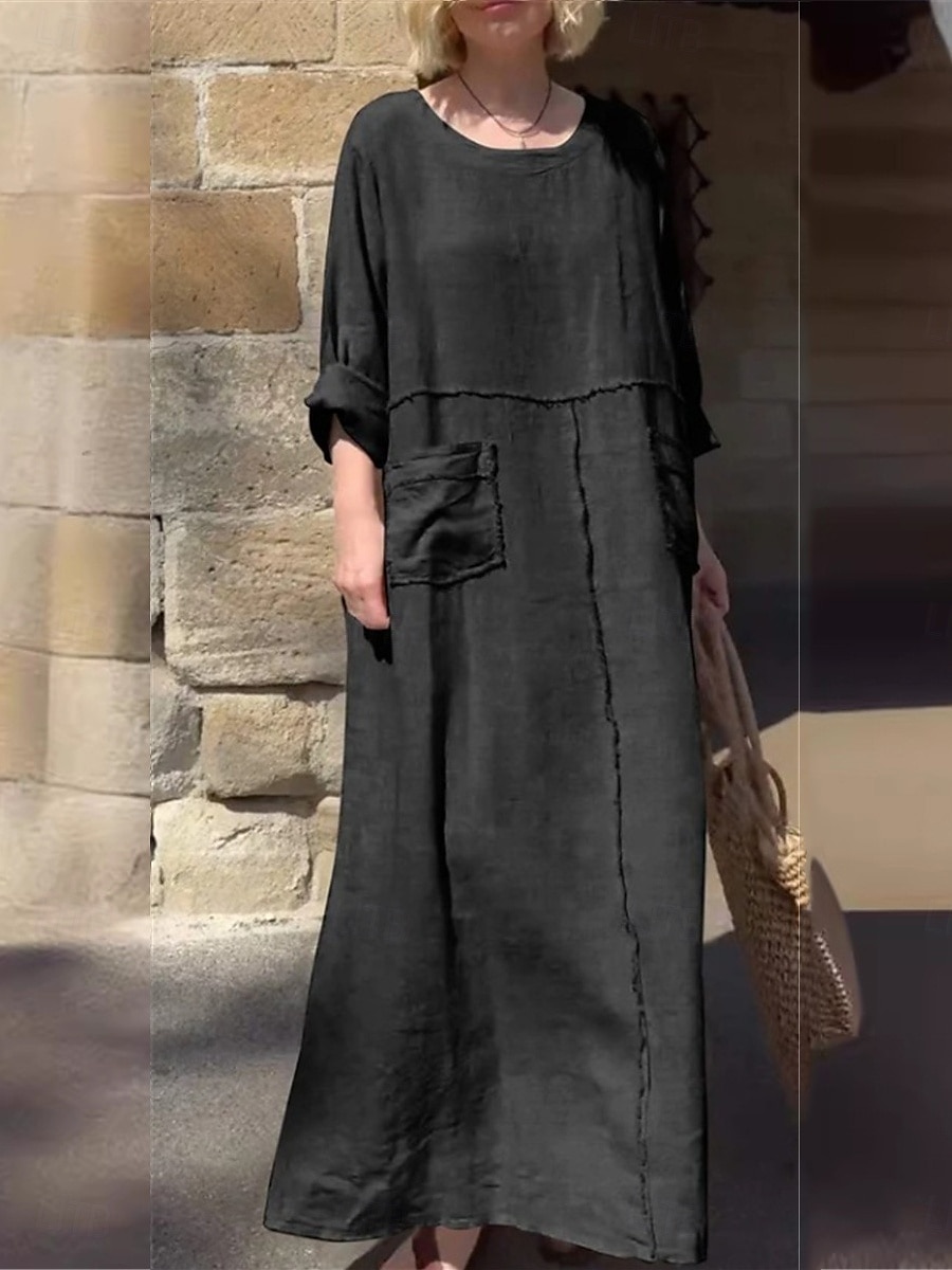 Woman's Maxi-Kleid Sommerkleid Leinen Lässig Täglich Regulär Passform Grafik Einfarbig Lange Ärmel Rundhals Schwarz Rot Blau Beige Sommer 2025 - $37.99 –P6