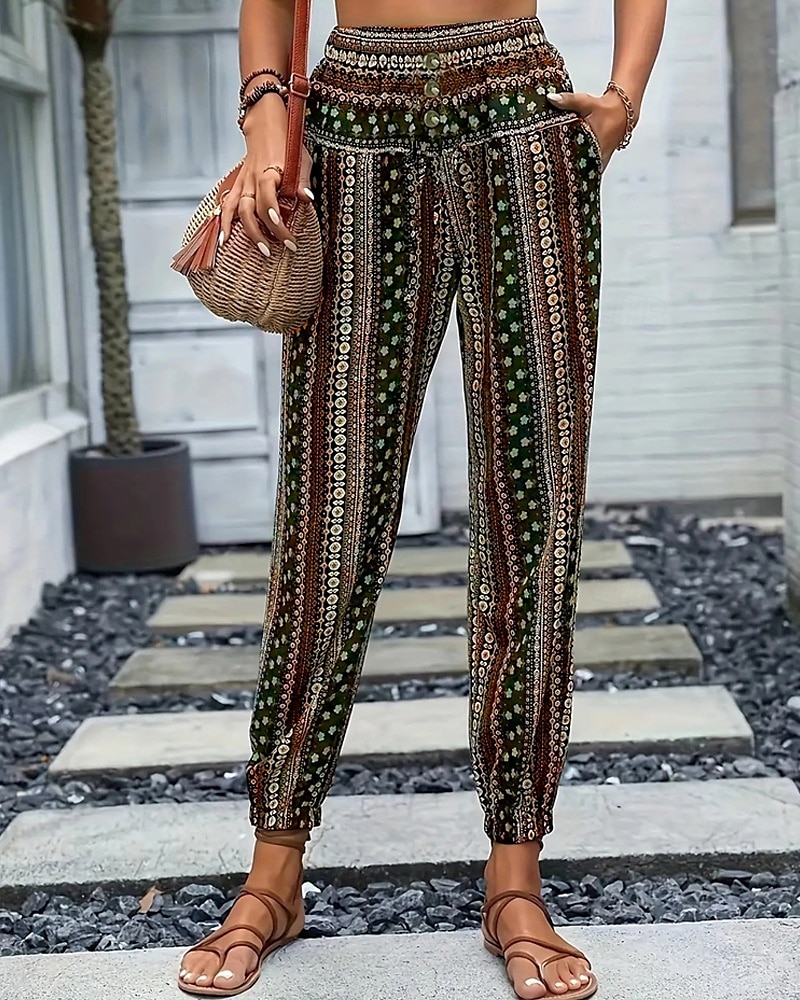 Mujer Persona que practica jogging Pantalones Vacaciones Boho Longitud total Media cintura Geométrico Cintura elástica Transpirable Cómodo Microelástico Calle Ropa Cotidiana Noche Morrón Oscuro 2025 - $19.99 –P12