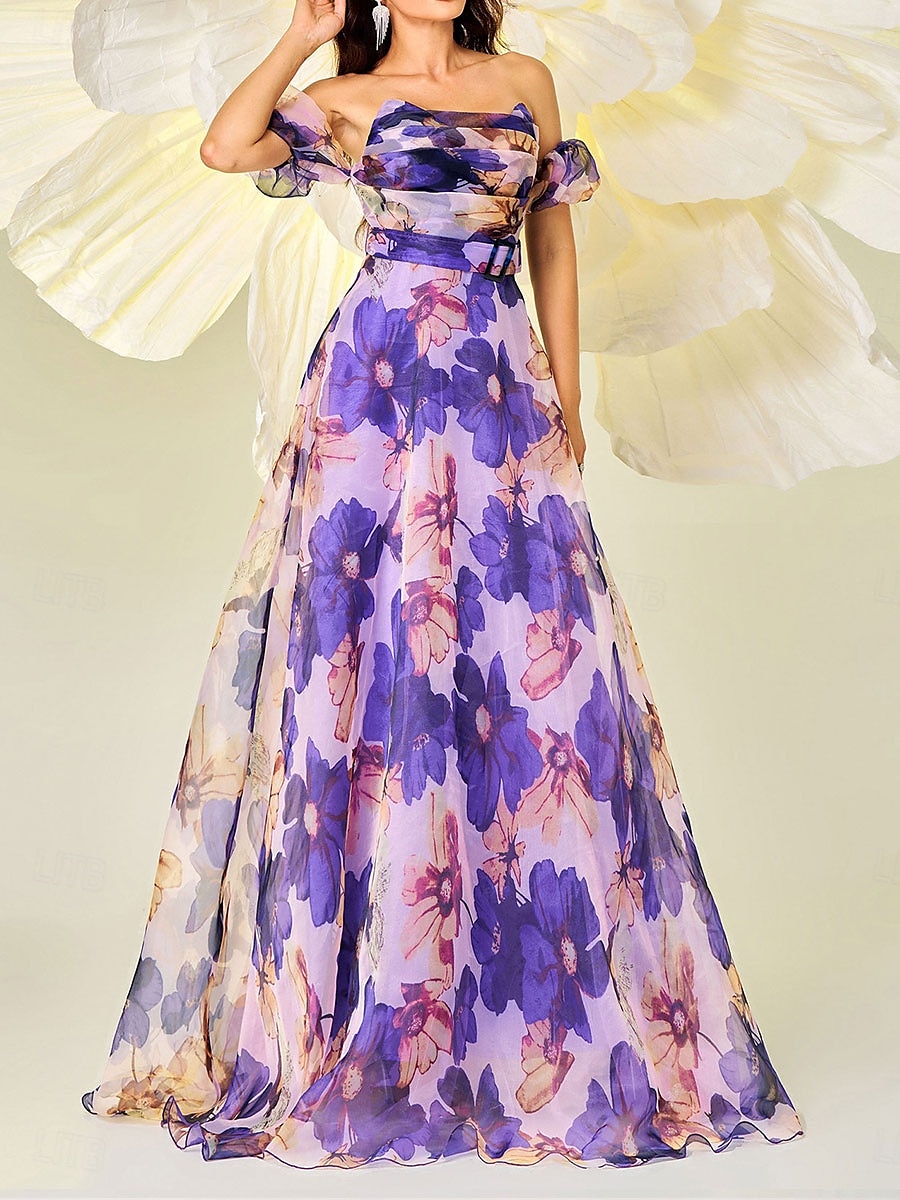 A-linie šaty k quinceanera elegantní šaty svatba svatební host dlouhá délka bez rukávů bez ramínek polyester s květinovým potiskem šaty pro svatební hosty 2025 - $99.99 –P6