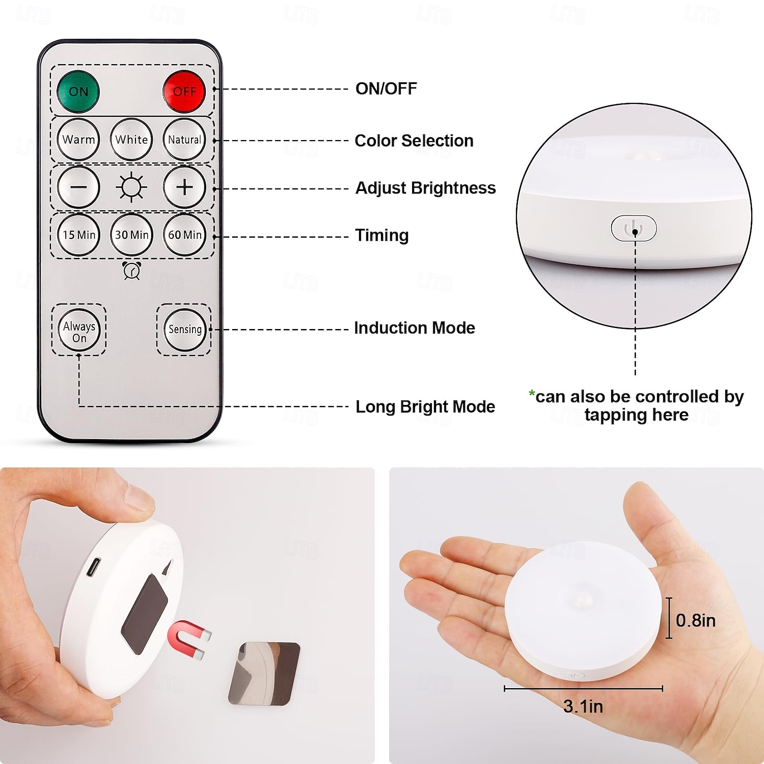 1 st. oplaadbaar inductie nachtlampje driekleurige dimfunctie magnetische afstandsbediening bedieningskast wijnkast garderobe verlichting type-c opladen 2026 - $8.99 –P4