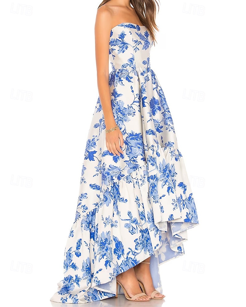 A-Line Cocktail Dresses Elegant Dress Semi Formal Beach Wedding Floor  Length Sleeveless Strapless Satin with Floral Print Ruffles Wedding Guest  Dress 2026 - 193.99