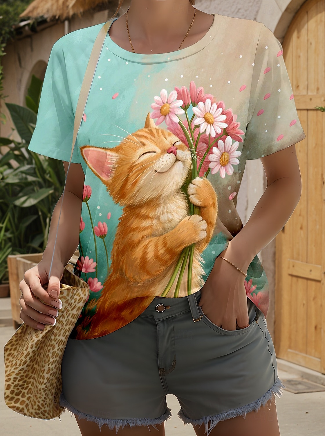 Dame T skjorte Grafisk Dyr Katt Stilfull Klassisk Moderne Kortermet Crew-hals Rund hals Vanlige topper Daglig Ut på byen Helg Trykt mønster Oransje Sommer Vår 2025 - $19.99 –P1