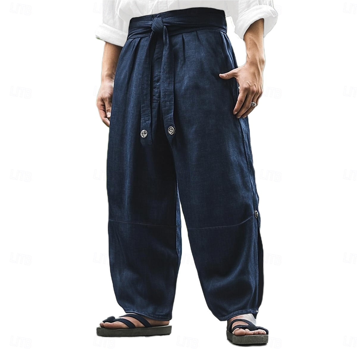 Men's Linen Pants Trousers Summer Pants Baggy Pants Drawstring Elastic Waist Wide Leg Plain Comfort Breathable Full Length Outdoor Yoga Gym Vacation Fashion Navy Blue Micro-elastic 2025 - $28.99 –P1