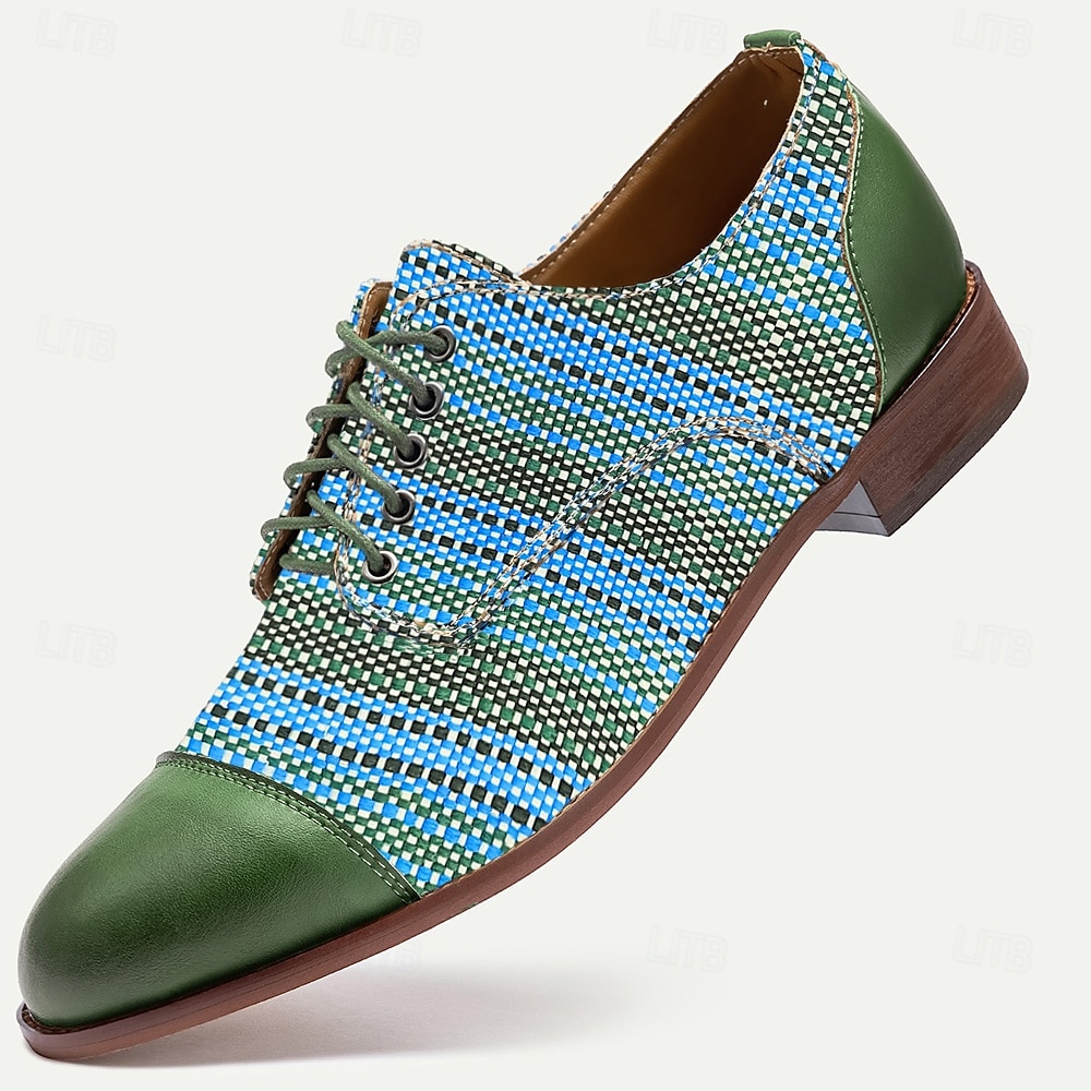 Men's Green and Blue Handwoven Oxford Shoes – Casual Artistic Lace-Up Shoes for Summer and Weekend Gatherings 2025 - AU $69.99 –P1