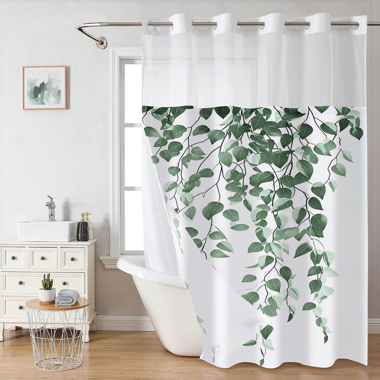 No Hook Shower Curtain 180cm*180cm(70"*70")with Snap-in Polyester Fabric Liner Sheer Top Window Waterproof Double Layer Bathtub Curtain Leaves Pattern 2025 - $41.99 –P10
