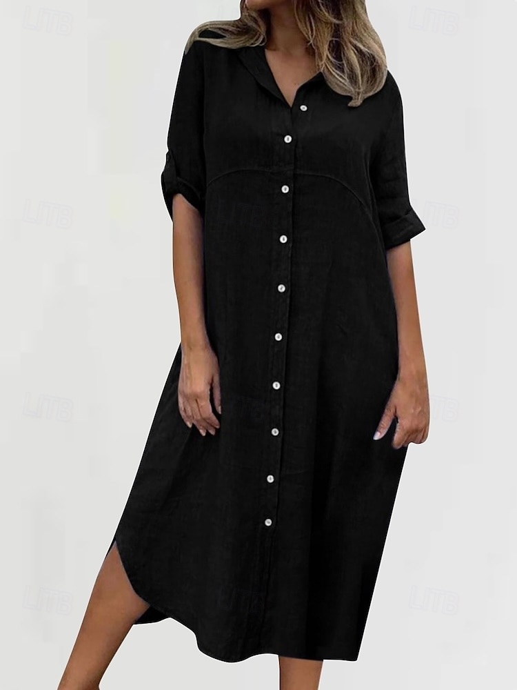 Per donna Abito Midi Abiti ispirati al lino Abito Camicia Abito in cotone e lino Moda Classico Quotidiano Uscire Weekend Vestibilità regolare Semplice Manica Lunga Colletto a Camicia Nero Blu Verde del 2025 a $22.99 –P6