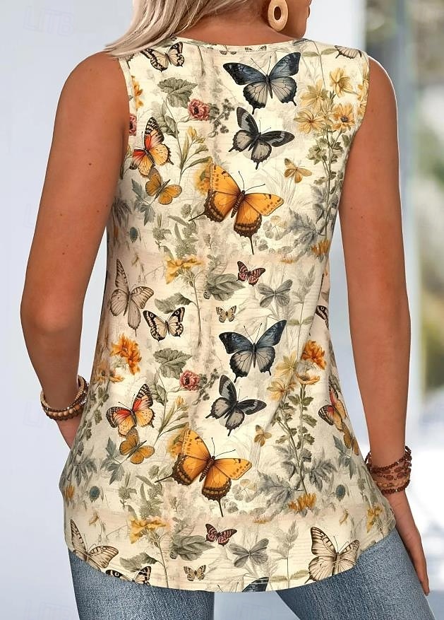 Canotta da donna Top Floral Grafica Farfalla Giornaliero Elegante Romantico Senza Maniche Collo a V Top Regolari Stampa Giallo Estate del 2026 a $19.99 –P2