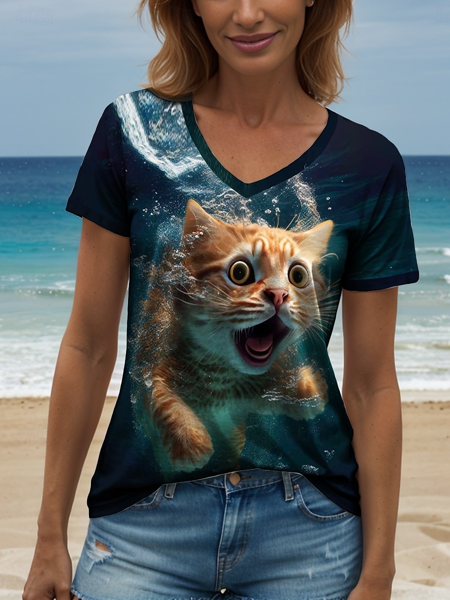 Pentru femei Tricou Grafic Animal Pisica Epocă Stilat Clasic Manșon scurt În V Topuri obișnuite Zilnic Imprimeu Trifoi Vară Primăvară 2025 - $19.99 –P5