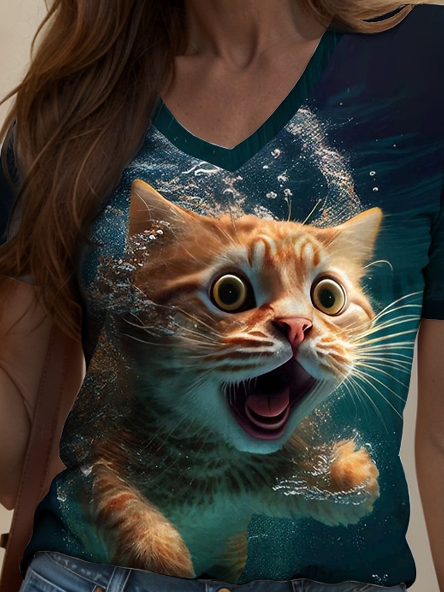 Pentru femei Tricou Grafic Animal Pisica Epocă Stilat Clasic Manșon scurt În V Topuri obișnuite Zilnic Imprimeu Trifoi Vară Primăvară 2025 - $19.99 –P3