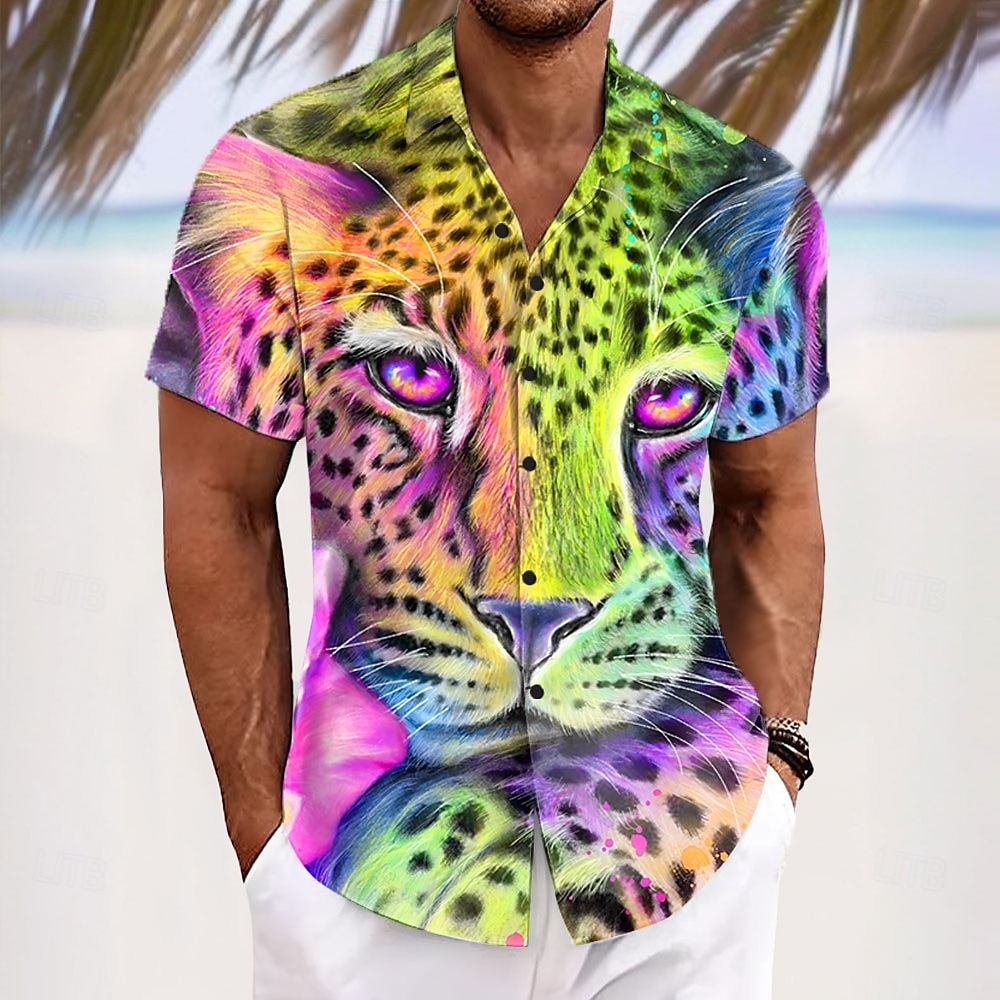 Herr Leopard Skjorta Knapp upp skjorta Designerskjorta Kortärmad Vintage retro Semester Ledigt Sommar Vår Nedvikt 3D-utskrift krage skjortor Regnbåge 2026 - $25.99 –P1