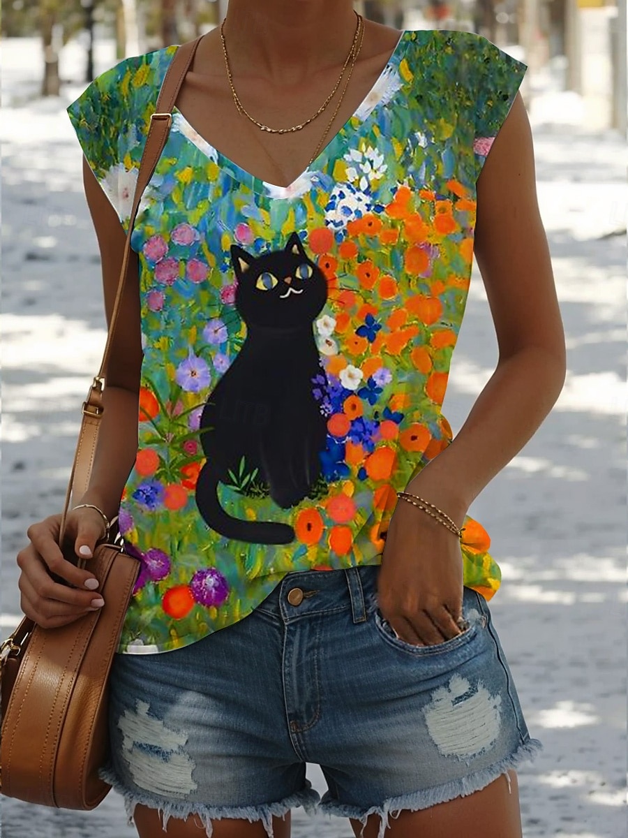 Dam Skjorta Blus Löv Katt Vintage Tropisk Stylish Ärmlös Axelband Vanliga toppar Dagligen Mönster Gul Ljusgrön Blå Orange Grön Sommar Vår 2025 - $17.99 –P3