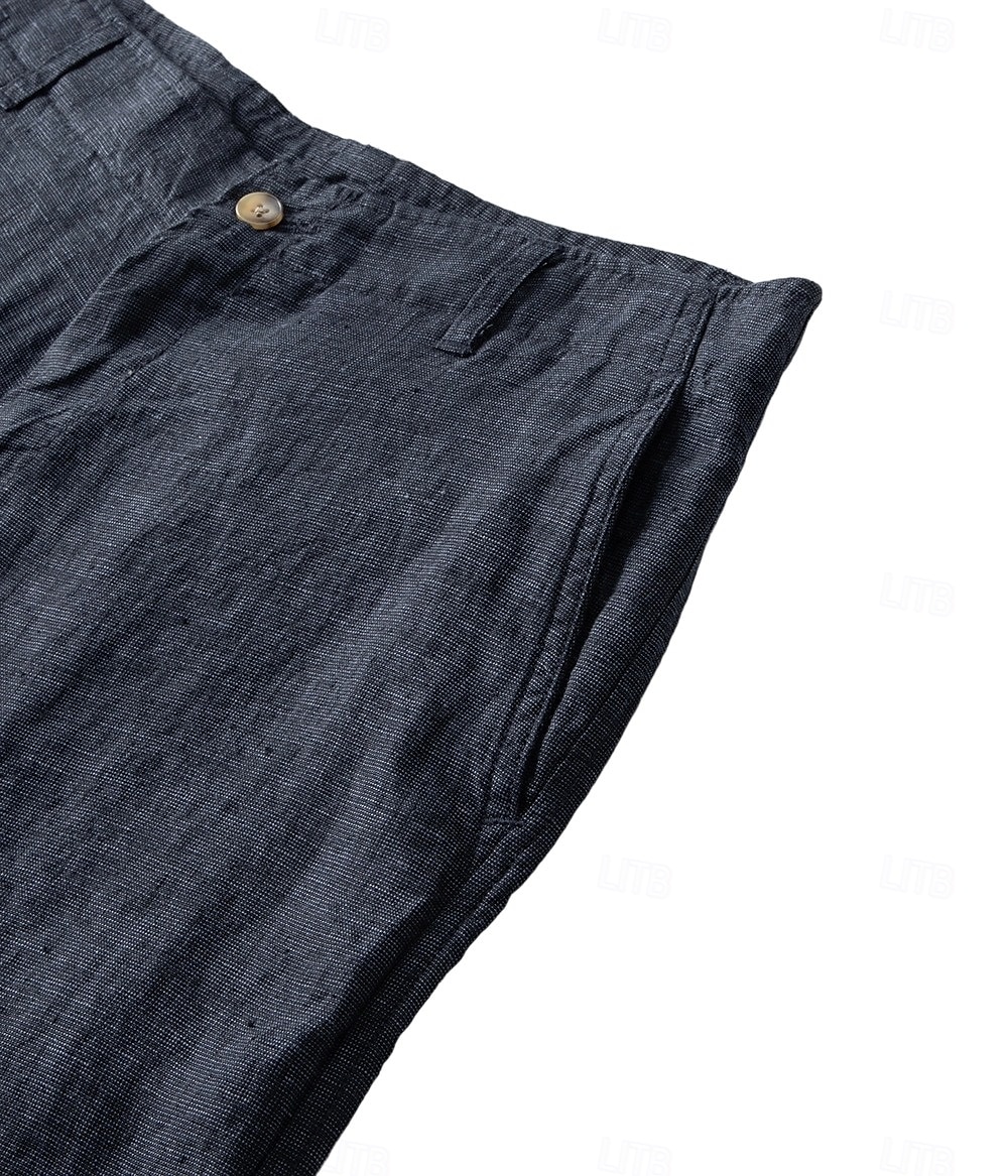 Shorts masculino 100% linho liso na altura do joelho, para escritório, uso diário, férias, estilo étnico, azul escuro, inelástico de 2025 por $44.99 –P4