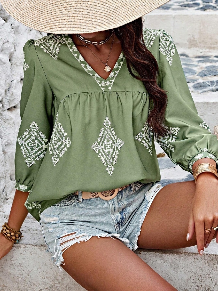 Mulheres Blusa Geométrica Boêmia Casual Manga 3/4 Manga Princesa Decote V Tops regulares Diário Imprimir Rosa Azul Marinha Roxo Verde Verão Primavera de 2025 por $22.99 –P14