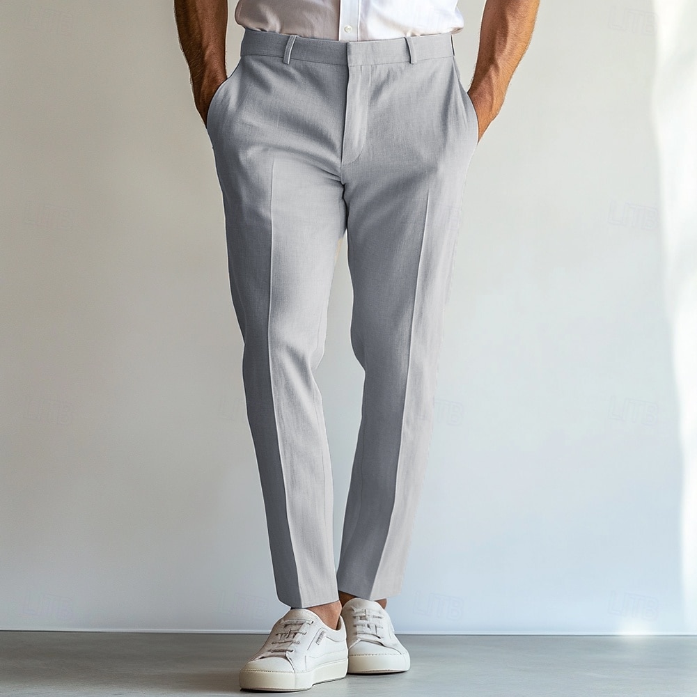 Herren Leinenhose Anzughose Sommer gerades Bein einfarbig atmungsaktiv lässig Urlaubsmode himmelblau hellgrau beige 2025 - $39.99 –P5