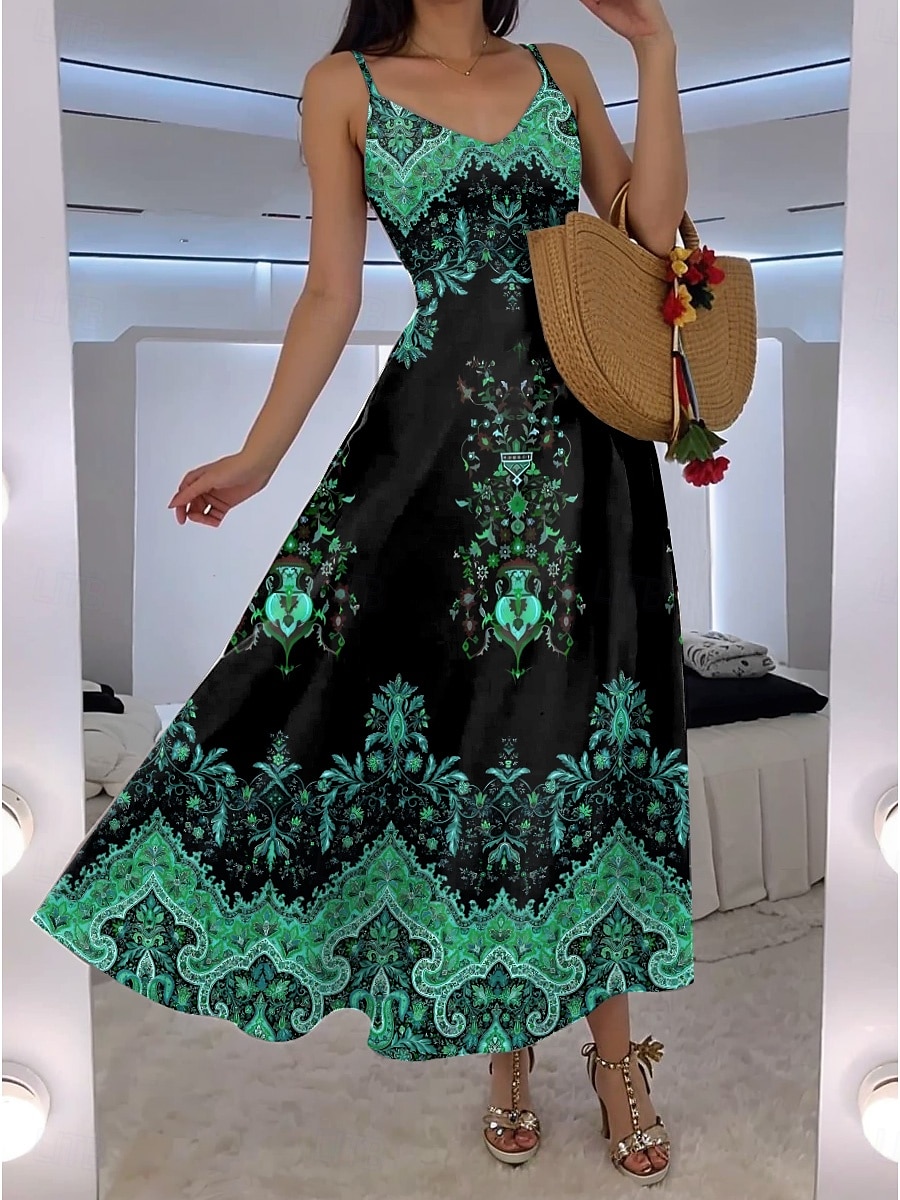 Women's Maxi Dress A Line Dress Slip Dress Vacation Casual Boho Going out Beach Regular Fit Floral Graphic Paisley Sleeveless V Neck Black Red Blue Purple Summer Spring 2025 - $34.99 –P3