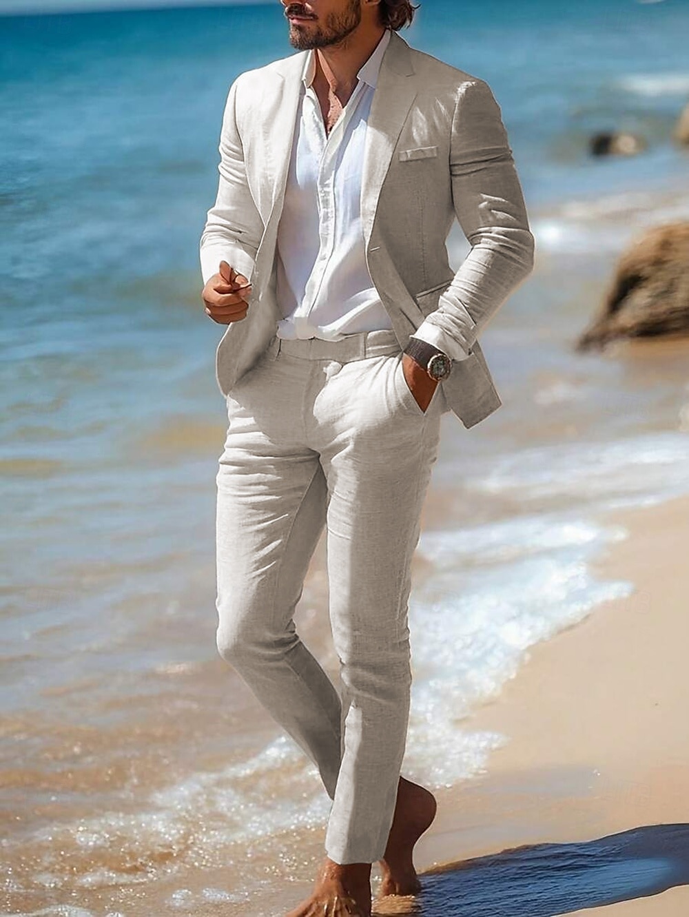Men's Summer Wedding Linen Suits Beige Half Lined Lightweight Casual Solid Colored Standard Fit 2 Piece Single Breasted One-button 2025 - $125.99 –P1