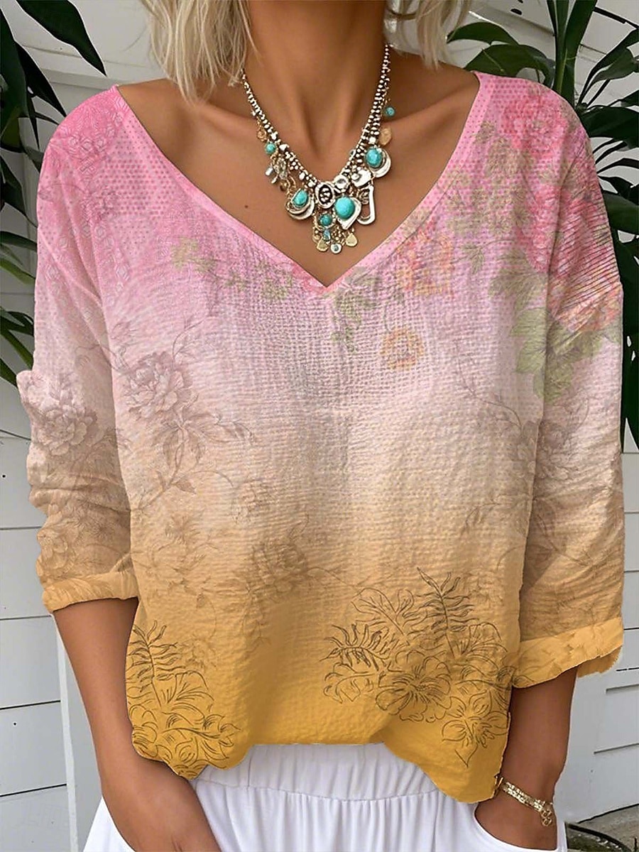 Femmes Chemisier A Ombre Fleuri Graphique ancien Tropical Élégant Manche 3/4 Col en V Hauts Réguliers Quotidien Sortir Week-end Vert Claire Rose Claire Été Printemps de 2025 ? $24.99 –P1