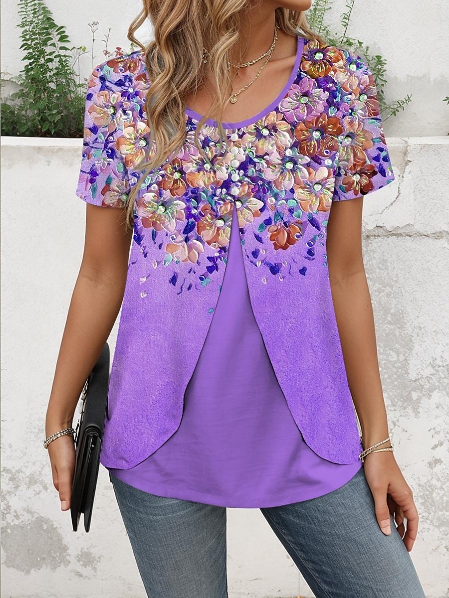 Femmes T-shirt Fleuri Graphique Élégant ancien Manche Courte Col ras du cou Hauts Réguliers Quotidien Sortir Patchwork Boutons À Étages Bleu Violet Vert Été Printemps de 2025 ? $23.99 –P4