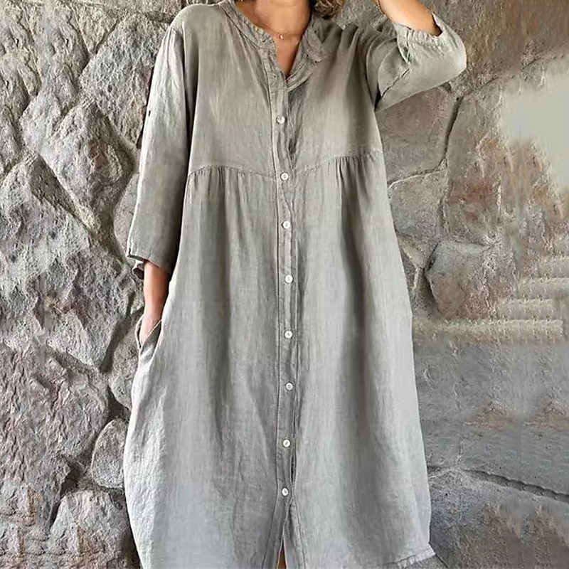 Women's Midi Dress Cotton Linen Dresses Casual Dress Fashion Outdoor Party Holiday Regular Fit Plain Long Sleeve Crew Neck Light Green Pink Grey Summer 2025 - $36.99 –P3