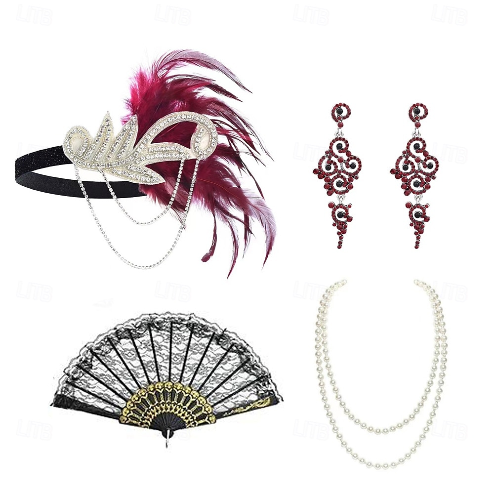 1920-as évek A nagy Gatsby Flapper fejpánt Gyöngyös karkötő Fülbevaló A nagy Gatsby Toll Retro Csillogó glitter Kristály / Strassz Női Farsang Valentin nap Álarcos mulatság Party estélyi viselet 2025 - $23.99 –P6