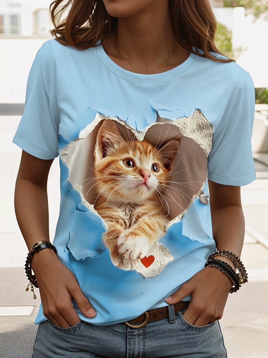 Dame T skjorte Grafisk Katt Stilfull Klassisk Fritid Kortermet Crew-hals Vanlige topper Daglig Helg Trykt mønster Hvit Rosa Blå Sommer Vår 2025 - $19.99 –P5