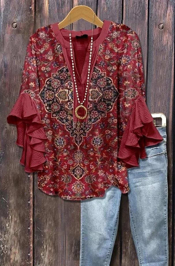 Women's Retro Blouse Layered Ruffle Sleeve Tops Vintage Floral Graphic Bohemia Vintage Daily 3/4 Length Sleeve Regular Tops Daily Holiday Vacation Wear Print Red Blue Beige Summer Spring Fall 2026 - $32.99 –P1