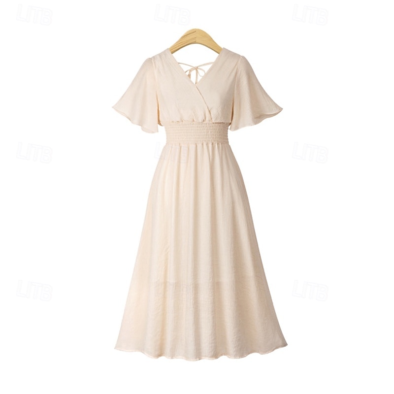 Dames Halflange jurk Cocktail jurk Bruiloft gast jurk Chiffon jurk Modieus Modern Vakantie Teaparty Weekend Normale pasvorm Effen Korte mouw V-hals Zwart Wit Blozend Roze Abrikoos Zomer 2025 - $23.99 –P5