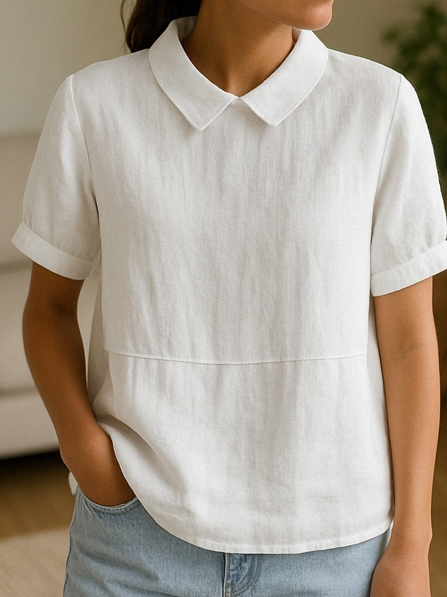 Women's 100% Cotton  Cotton Linen Shirt Plain Modern Short Sleeve Shirt Collar Regular Tops Daily Blue White Summer 2026 - $28.99 –P4