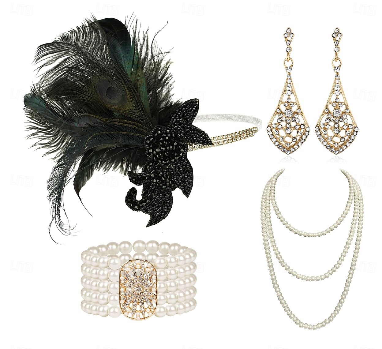 A nagy Gatsby Flapper fejpánt Gyöngyös karkötő Fülbevaló A nagy Gatsby Toll Retro Csillogó glitter Női Kelta Farsang Valentin nap Álarcos mulatság Party estélyi viselet Álarcos mulatság Fesztivál 2025 - $23.99 –P4