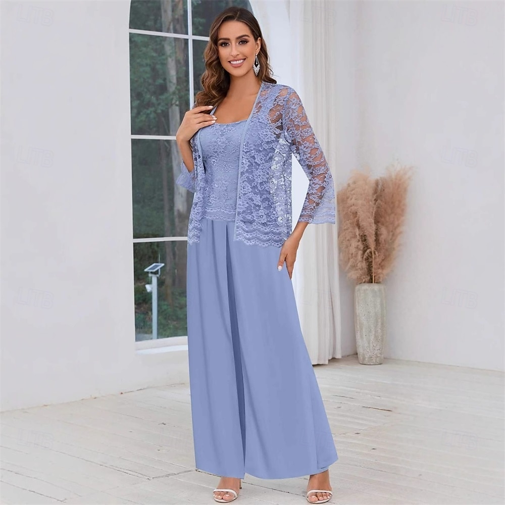 Hosenanzug Brautmutterkleid Hochzeitsgast Elegant Quadrathals Bodenlang Polyester Spitze Langarm mit Einfarbig 2025 2025 - $99.99 –P1