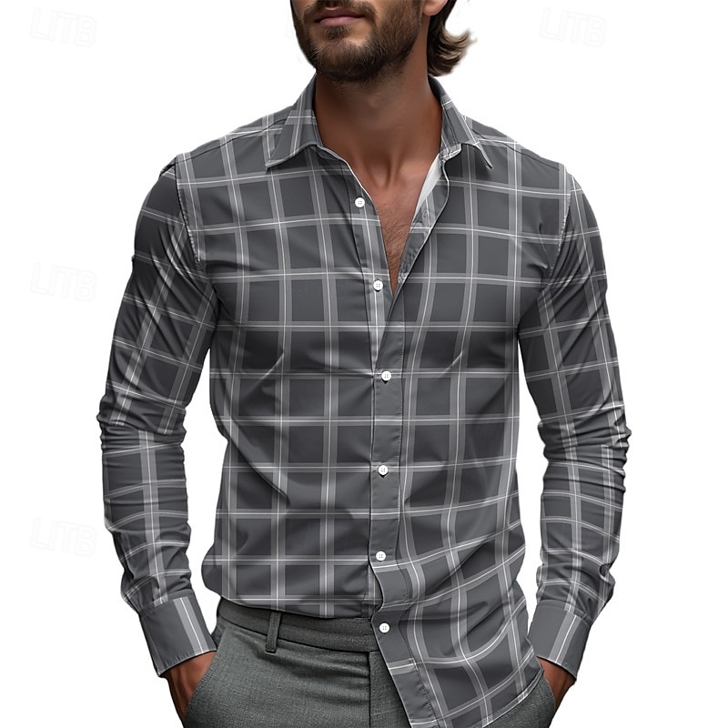Herren Hemd Sommerhemd Freizeithemd Strandhemd Knopfhemd Schwarz Grau Langarm Karomuster Revers Urlaub Hawaiianisch Button-Down Bekleidung Polyester Mode Lässig Bequem 2025 - $25.99 –P1