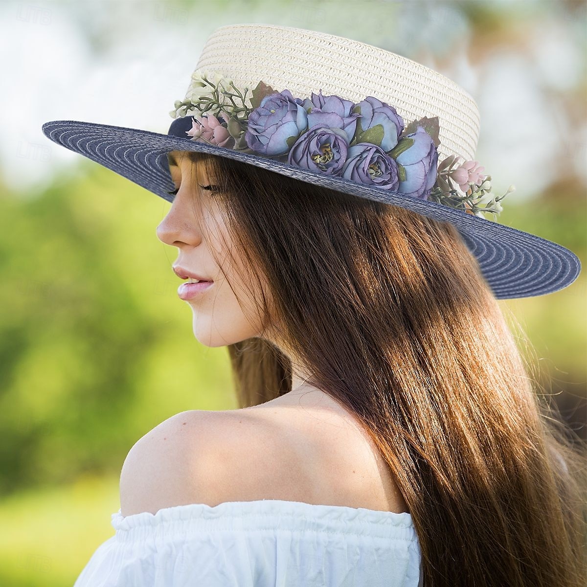 szeroki rondo letniego kapelusza plażowego z wiązaniem z koronki kwiatowej, oddychający materiał papierowy, elegancki pastelowy wzór zapewniający ochronę przed słońcem na zewnątrz 2025 - $49.99 –P3