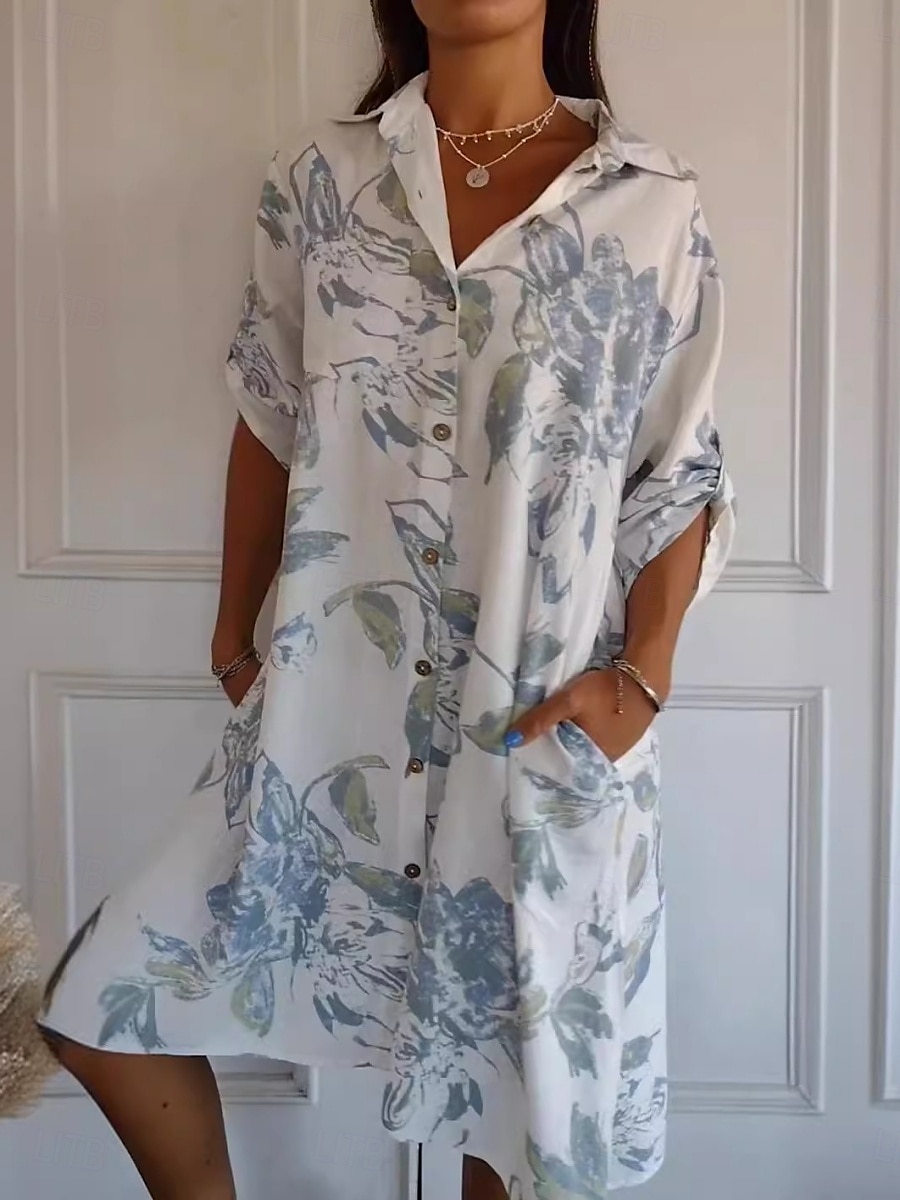Women's Mini Dress Shirt Dress Casual Dress Summer Dress Fashion Modern Daily Weekend Regular Fit Floral Leaf Long Sleeve Shirt Collar Black White Blue Green Summer 2025 - $21.99 –P4