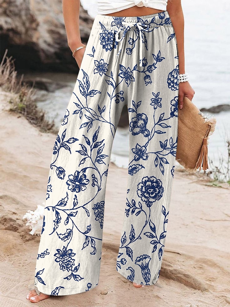 Women's Wide Leg Chinos Baggy Pants Vacation Vintage Fashion Full Length High Waist Floral Graphic Printing Thermal Warm Breathable Soft Micro-elastic Vacation Street Causal Black Pink Light Brown 2025 - $24.99 –P2