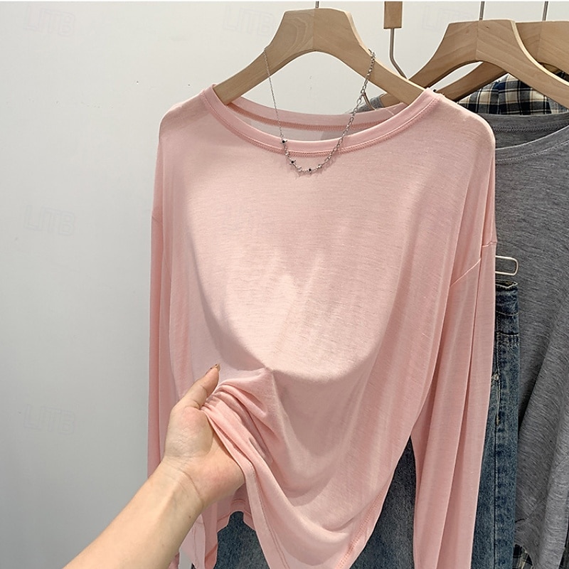 Women's T Shirt Plain Modern Casual Long Sleeve Crew Neck Regular Tops Daily Going out Black White Pink Blue Gray Summer 2025 - $16.49 –P6