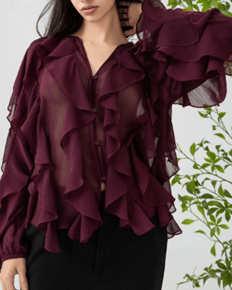 Femmes Chemise Chemisier Uni Élégant Moderne manche longue Col en V Hauts Réguliers Fête Sortir Superposé Vin Été de 2025 ? $34.99 –P4