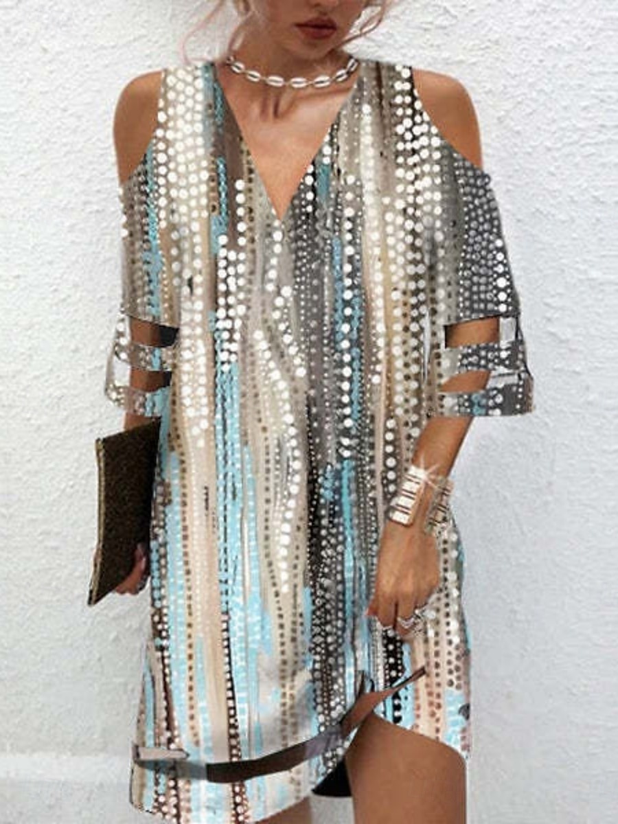 Damen Minikleid A Linie Kleid Schulterfreies Kleid Lässig Outdoor Strand Normale Passform Ombre Blumen Grafik Halbarm V Ausschnitt Schwarz Weiß Blau Purpur Sommer Frühling 2025 - $24.99 –P4