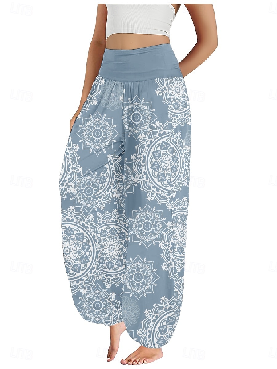 Dam Linneinspirerade byxor Brett skaft Byxor Etnisk Stil Ledigt Boho Fullängd Hög midja Blommig Paisley Ficka Elastisk midja Tryck Mateial som andas Mjuk Microelastisk Utomhus Yoga Röd Blå Mörkgrön 2025 - $21.99 –P1