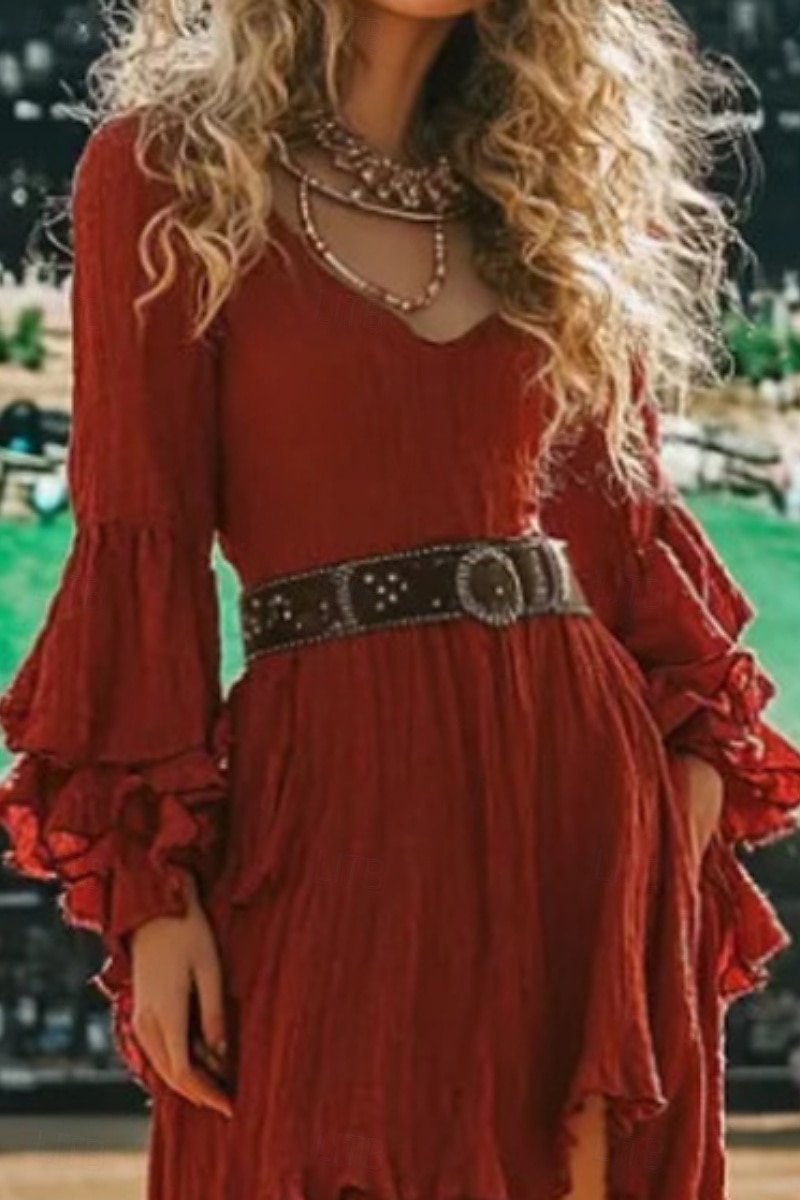 Pentru femei Rochie Mini Rochie Boho Rochie occidentală Modă Clasic Modern În aer liber Concediu Ieșire Fit regulat Simplu Manșon Lung În V Roșu-aprins Vară 2025 - $31.99 –P2