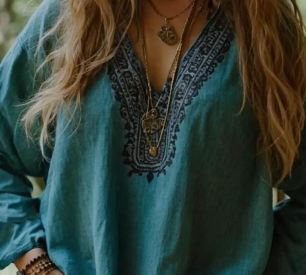Blouse boho femme graphique florale bohème vintage tropicale à manches 3/4 col en V haut régulier bleu été printemps de 2025 ? $24.99 –P2