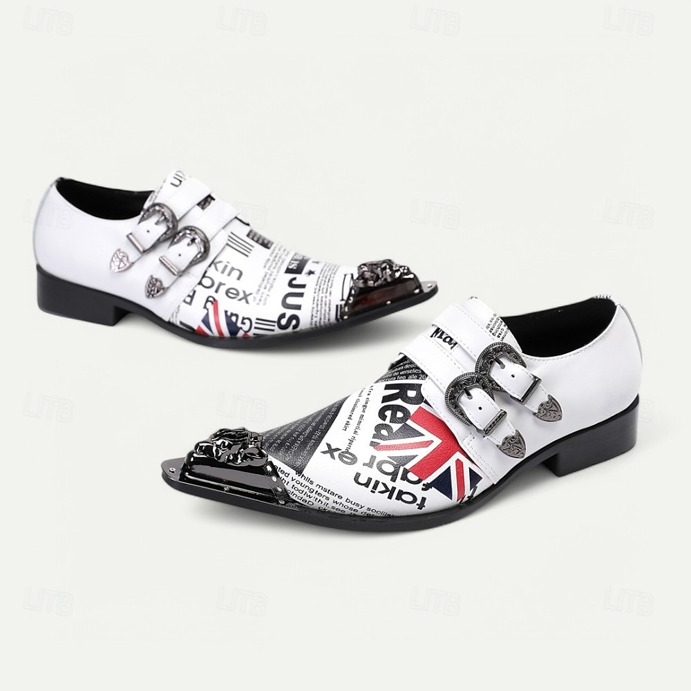 Weiße Punk-Rock-Monk-Strap-Dressschuhe für Männer mit goldener Spitze britischer Flagge – Statement-Schuhe für Musikfestivals Themenpartys und Konzerte 2025 - $109.99 –P6