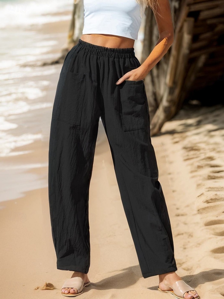 Women's Cotton Linen Pants Baggy Pants Solid Color Vintage Fashion Streetwear Full Length High Waist Plain Pocket Elastic Waistband Comfy Soft Comfortable Micro-elastic Outdoor Vacation Street 2025 - $22.99 –P5