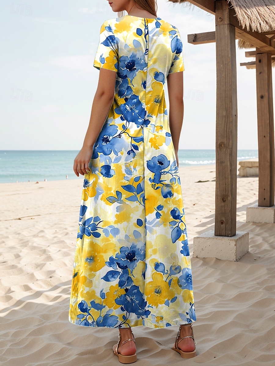 Damen Midikleid Sommerkleid A Linie Kleid Urlaub Lässig Strand Täglich Ausgehen Normale Passform Blumen Grafik Kurzarm Rundhalsausschnitt Gelb Rosa Blau Purpur Sommer 2025 - $27.99 –P2